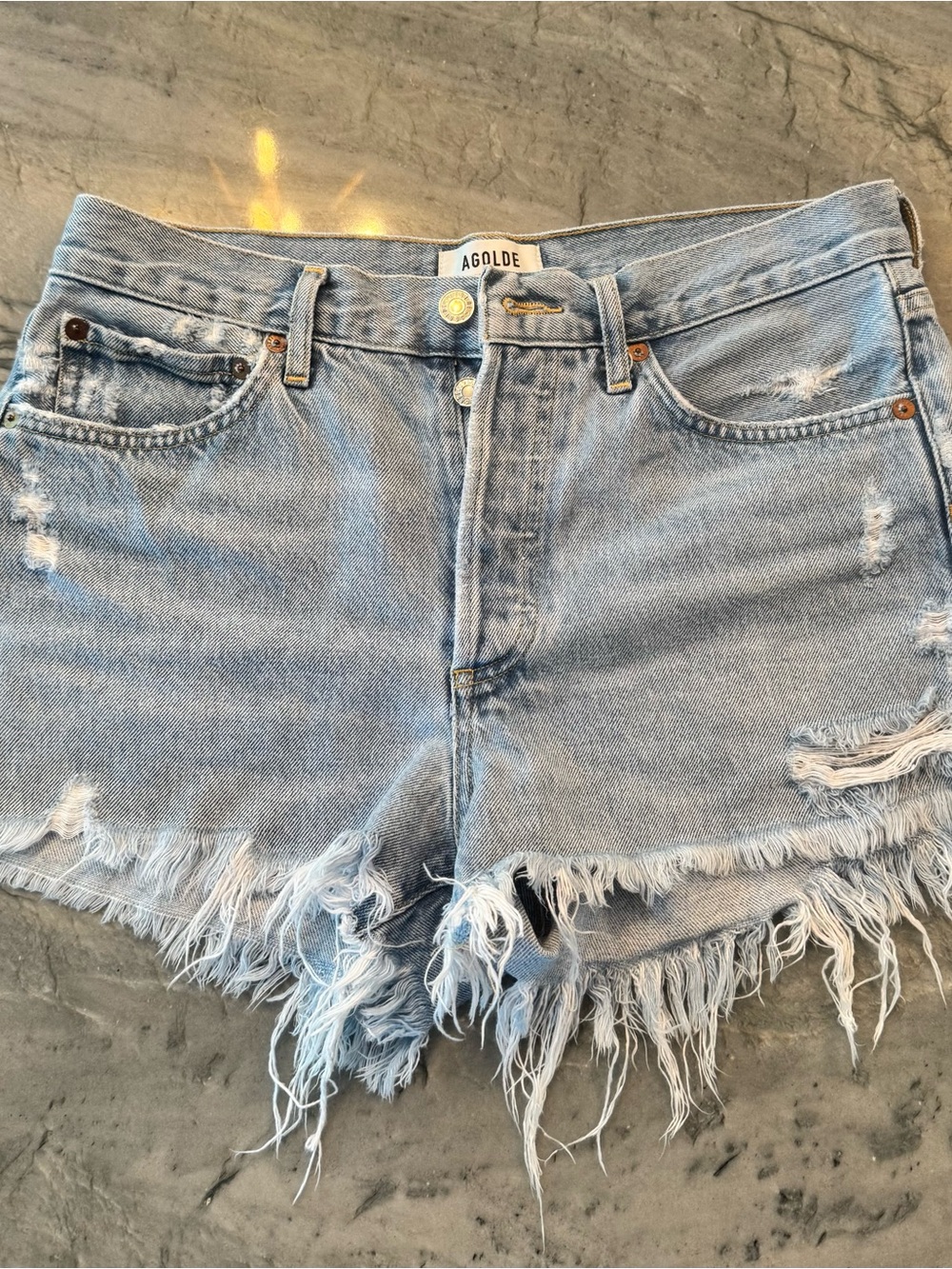 Agolde Parker Light Wash Frayed Denim Cutoff Shorts